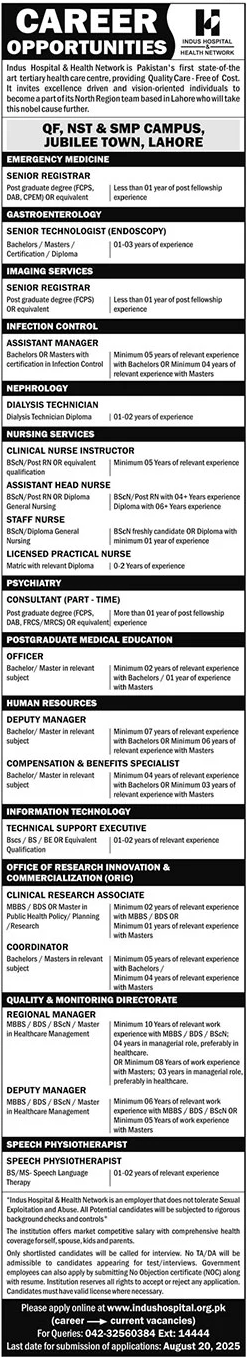 Jobs in Indus Hospital & Health Networks Lahore